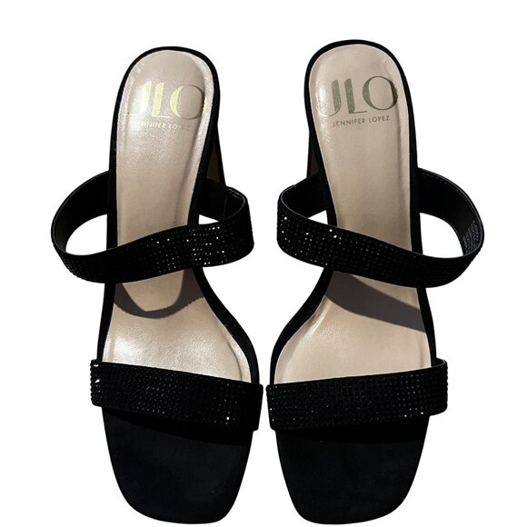 JLO Jennifer Lopez Ericka Black Heeled Sandals Two-Strap Square Toe size 7 - Picture 1 of 7